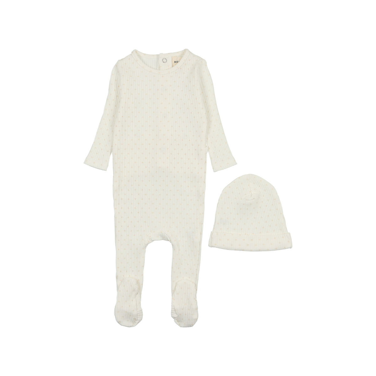 Mema Knits Wide Ribbed Heart Textured Footie + Beanie - Winter White / Rose Hearts Mema Knits Wide Ribbed Heart Textured Footie + Beanie - Winter White / Rose Hearts