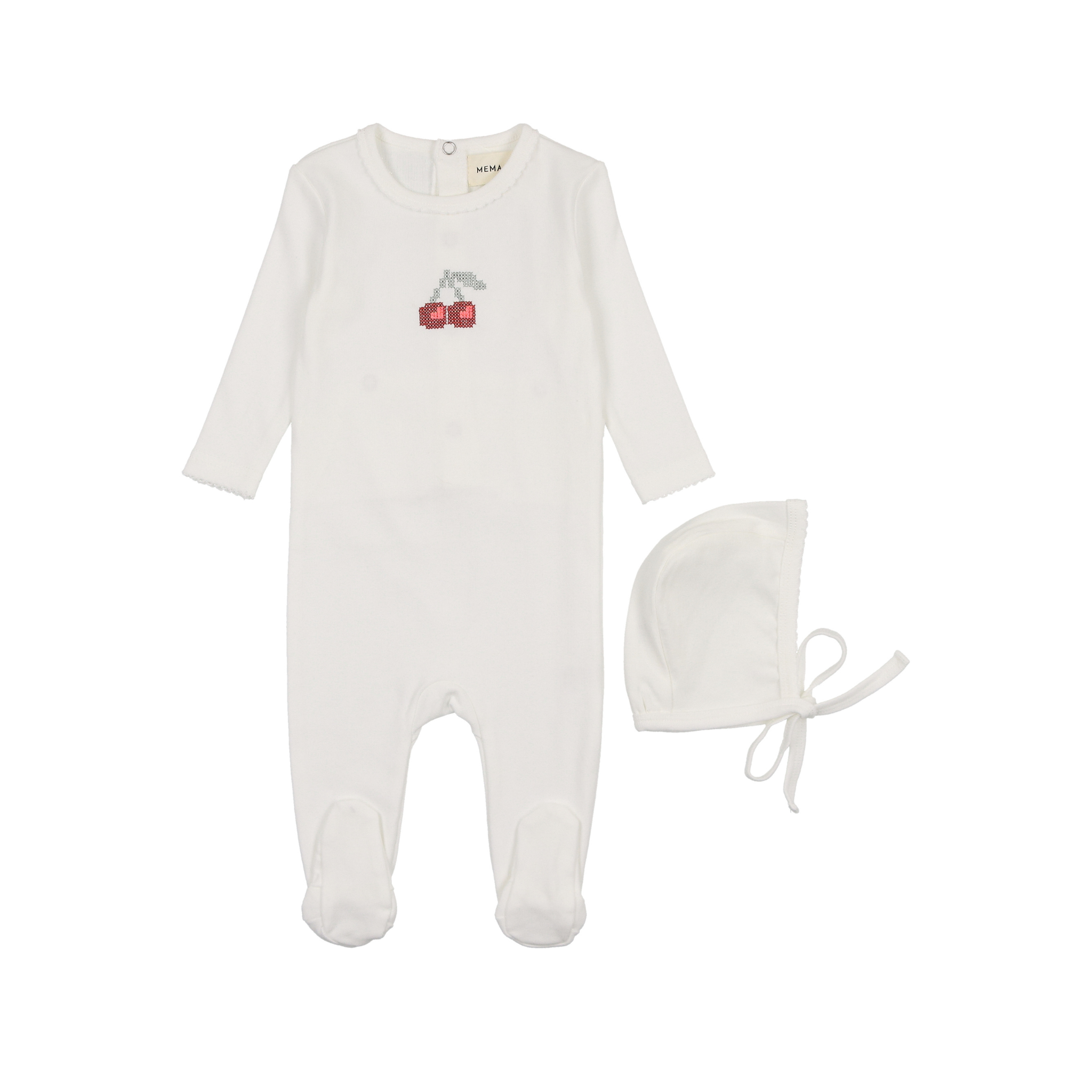 Mema Embroidered Cherry Footie & Beanie - White/Red Mema Embroidered Cherry Footie & Beanie - White/Red